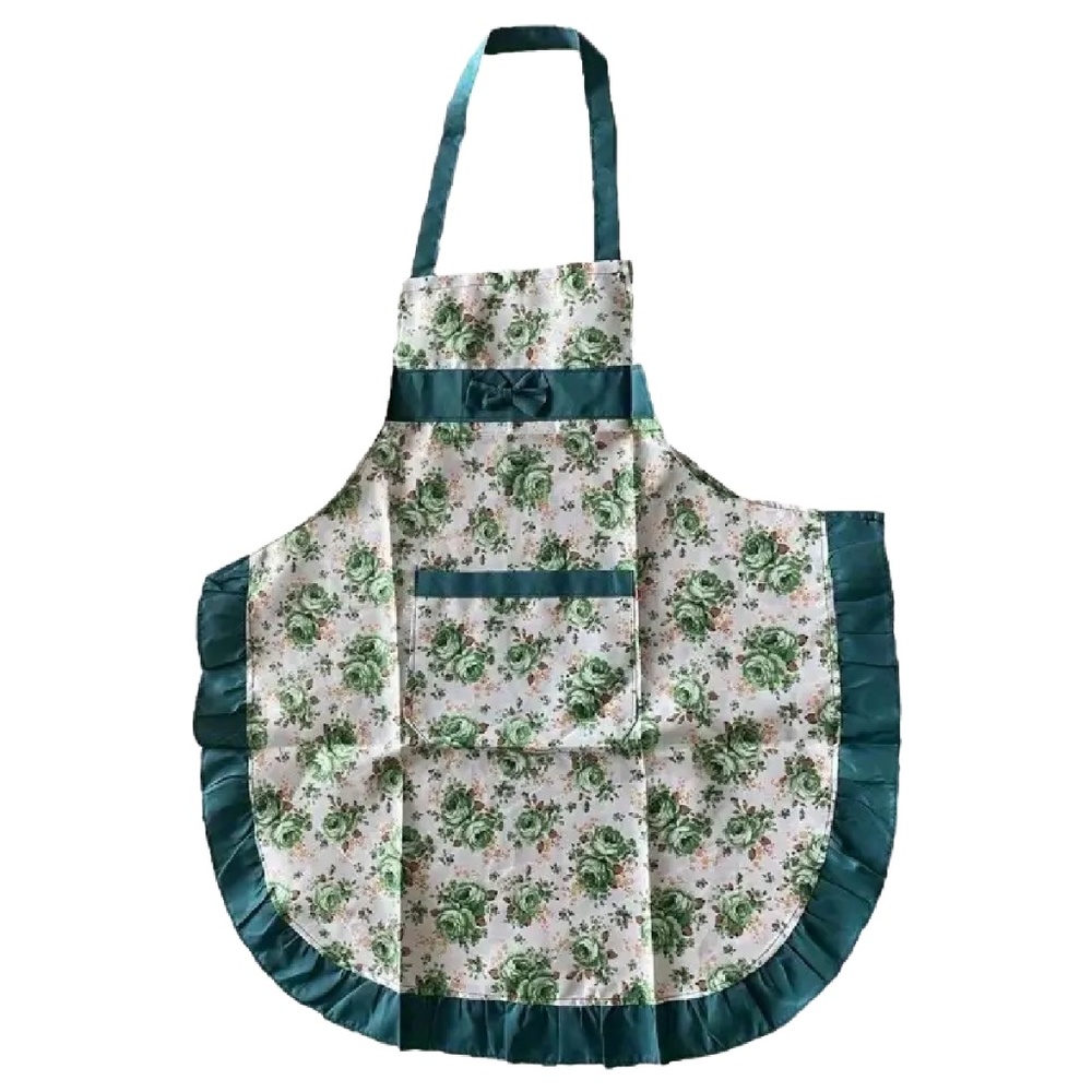 Green Rose Floral Apron Kitchen Adjustable Pocket BBQ Baking Crafting Gardening